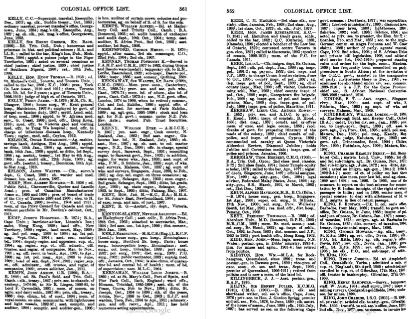 Two facing pages, 561 and 562, of the Colonial Office List for 1913: dense columns of abbreviated biographies from KELLY to KING